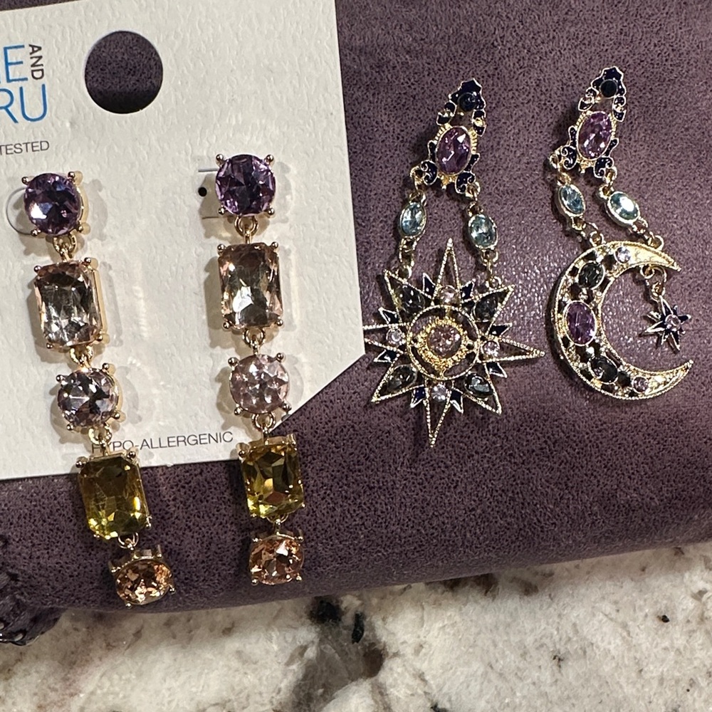 Lots of earrings Time and Tru Purple and Gold Celestial Star&Moon Drop Earrings
